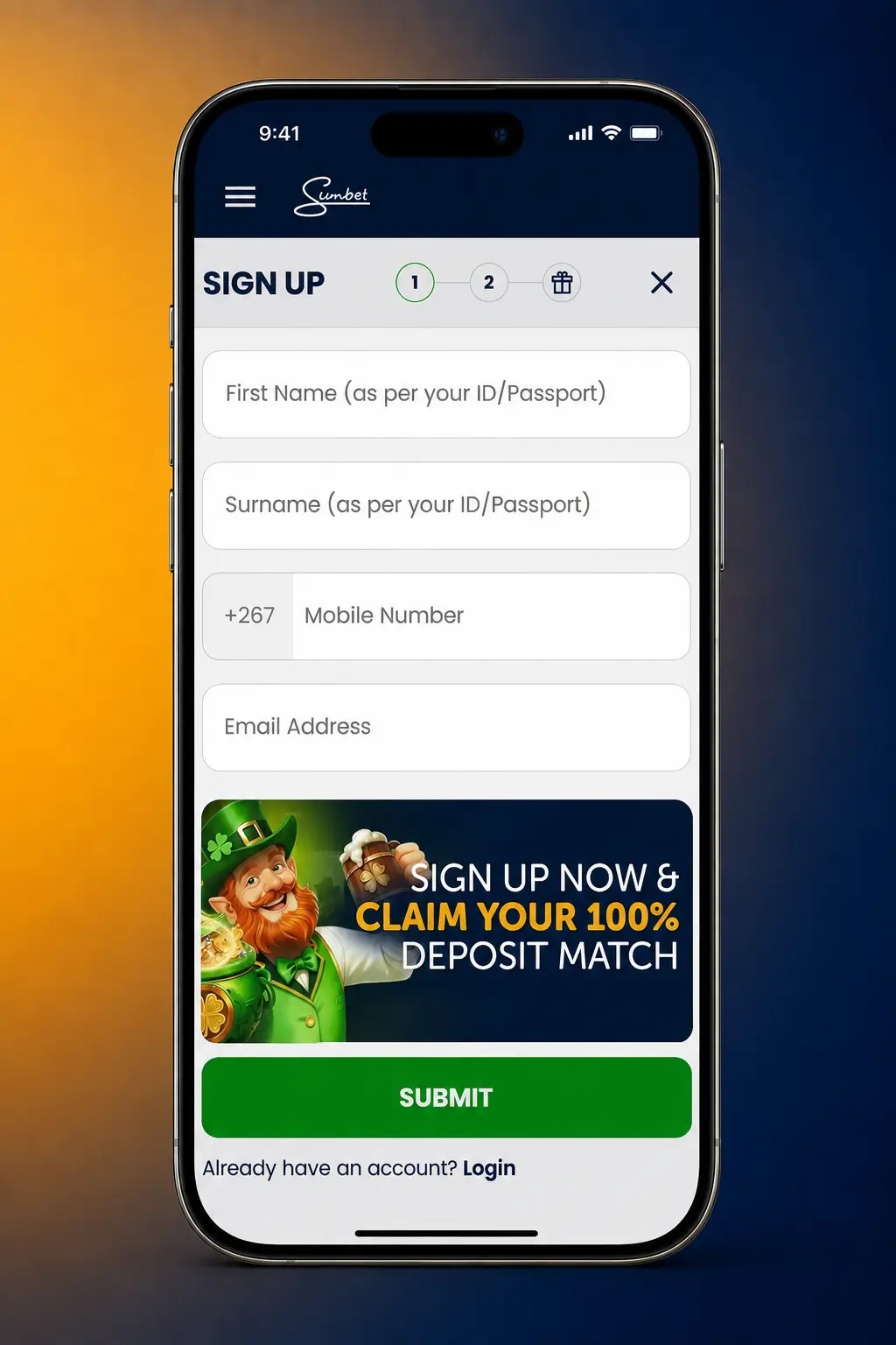 Step-by-step guide showing how to register a SunBet Botswana account on desktop or mobile.