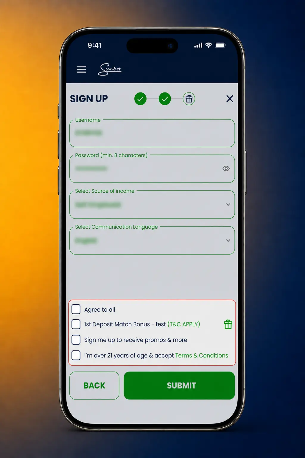 Step-by-step screenshot showing how to register a SunBet Botswana account on desktop or mobile.