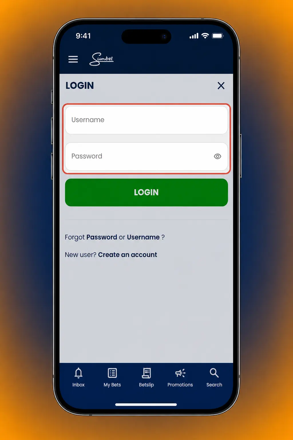 SunBet login page showing mobile number, password, and OTP fields to access account balance and open bets
