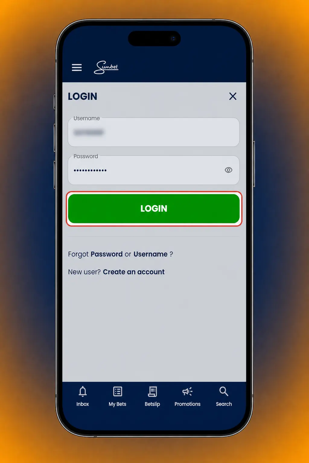 SunBet login page showing steps to sign in with mobile number or email, password, and OTP verification to access account dashboard.