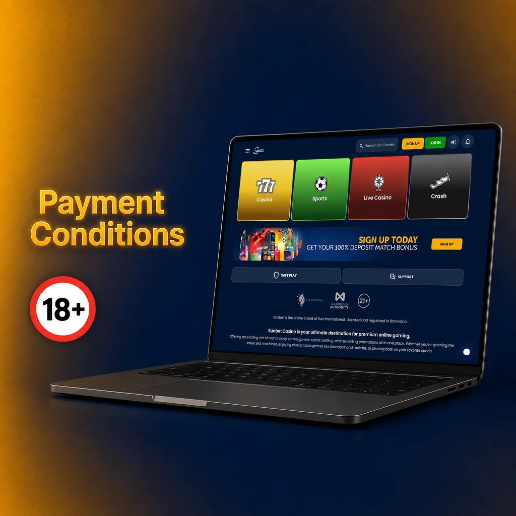 SunBet payment conditions covering account verification, matching payment methods, transaction limits, bonus wagering, and compliance checks.